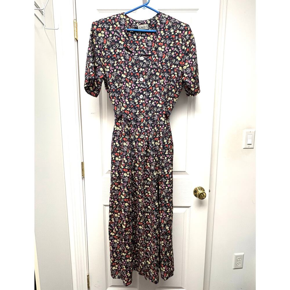Swing Floral Dress Maxi Black Cottagecore Vintage Style Shell Buttons Size M